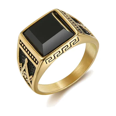 Anillo Sello Cuadrado con Piedra Negra y Greca, Acero Inoxidable