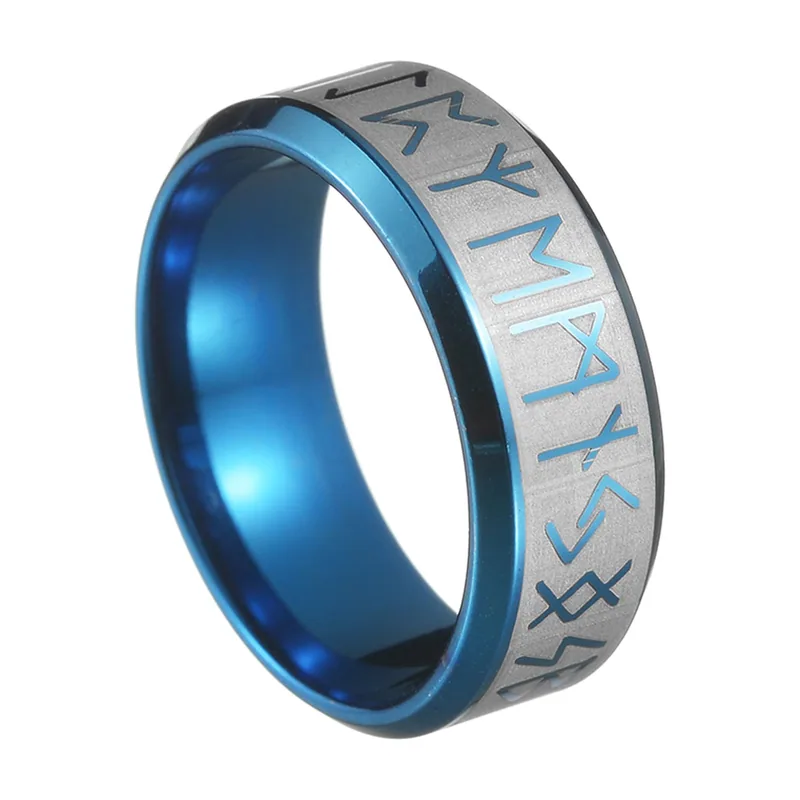 Nordische Runenring in Blau und Silber, Edelstahl