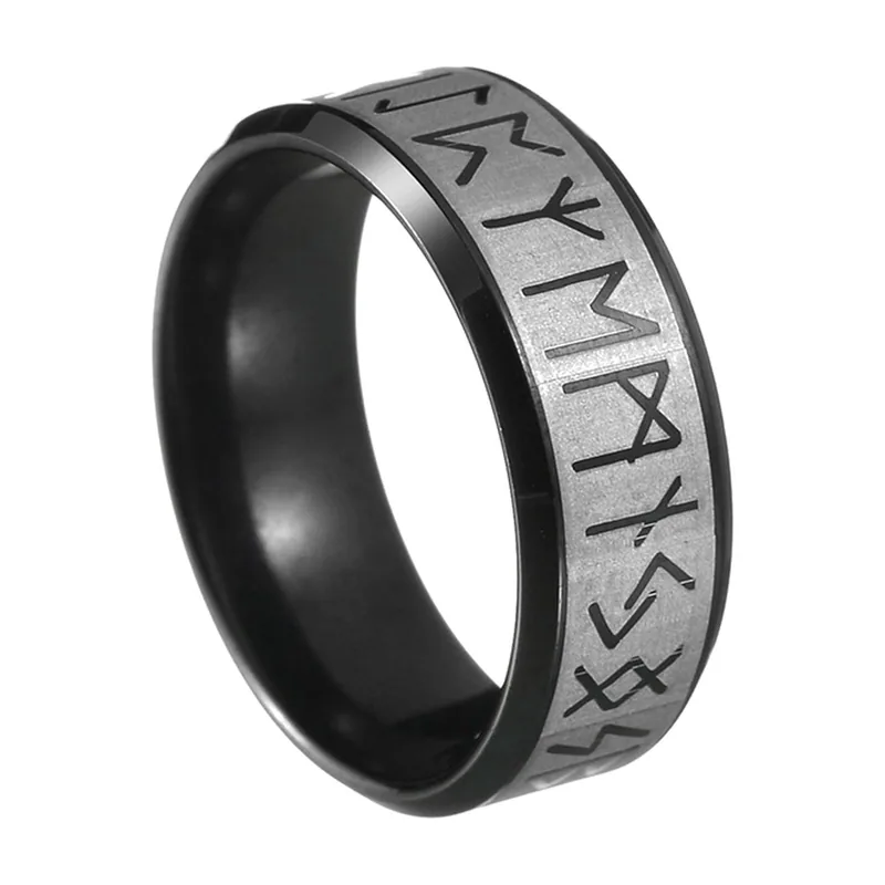 Anillo de Runas Nórdicas, Acero Inoxidable Negro 316L