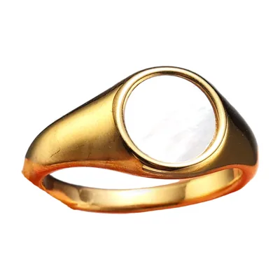 Anello Sigillo Rotondo con Pietra di Madreperla, Acciaio Inossidabile