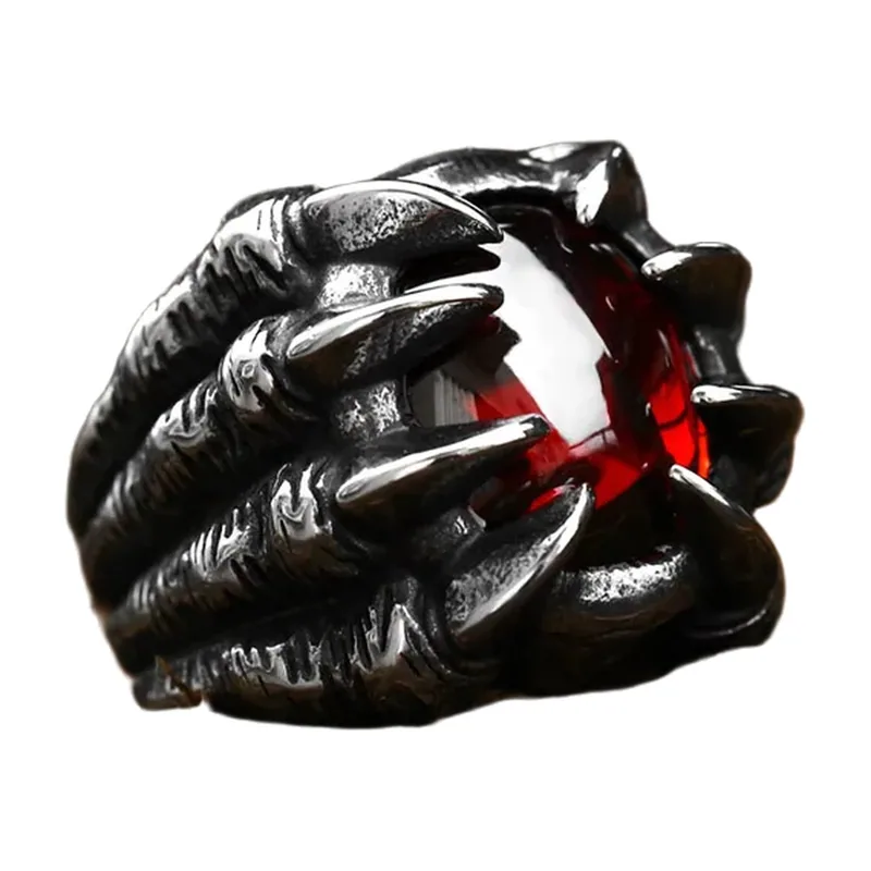 Bague Griffe avec Pierre Rouge, Acier Inoxydable 316L Style Gothique