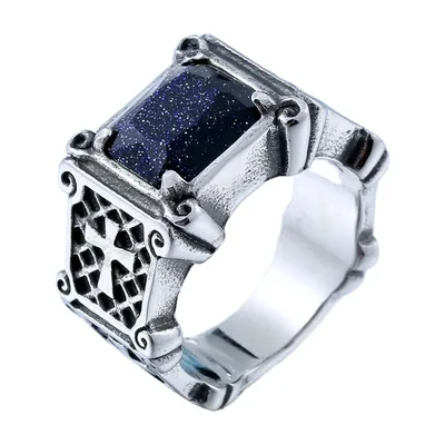 Anello Sigillo Quadrato con Pietra Blu e Motivo Croce, Acciaio Inossidabile