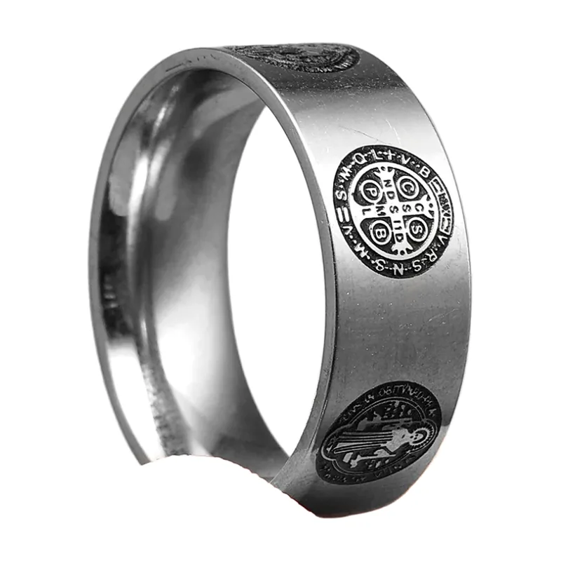Sankt Benedikt Ring mit religiösen Symbolen, Edelstahl