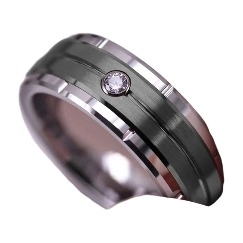 Bevelled Band Ring with Blue Stone and Cubic Zirconia, Stainless Steel