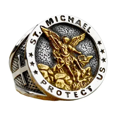 St Michael Archangel Signet Ring with Cross, Stainless Steel
