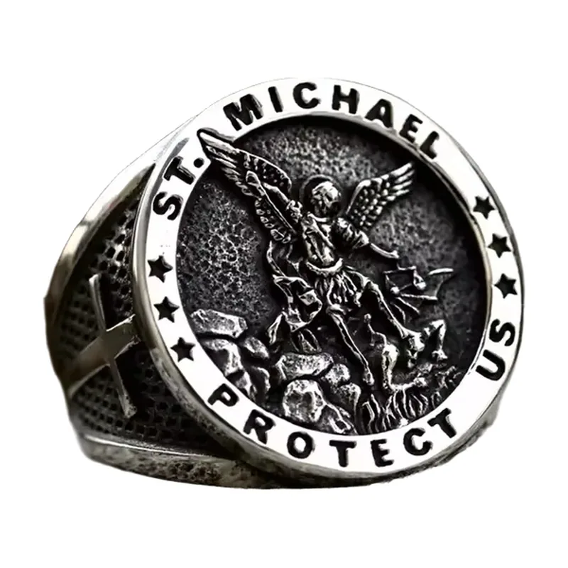 Anello Sigillo San Michele Arcangelo in Acciaio Inossidabile 316L
