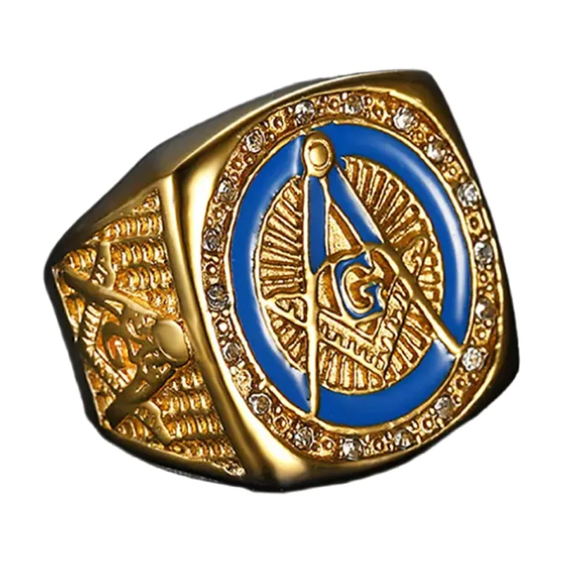 Freimaurer Siegelring mit blauem Emaille und Zirkonia, Edelstahl