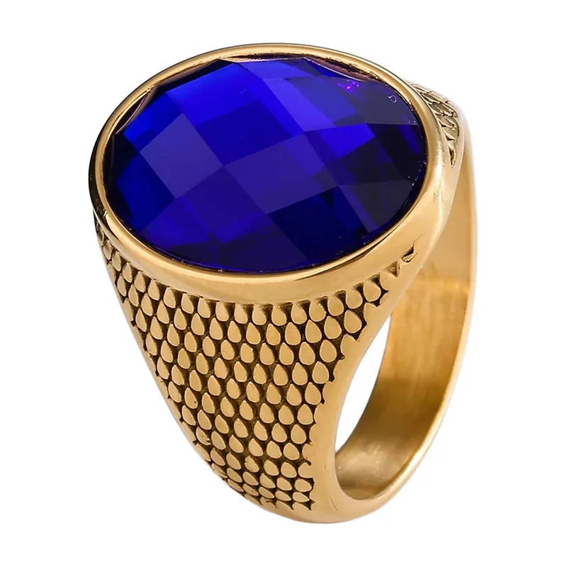 Chevalière en acier inoxydable doré avec Zirconia bleu