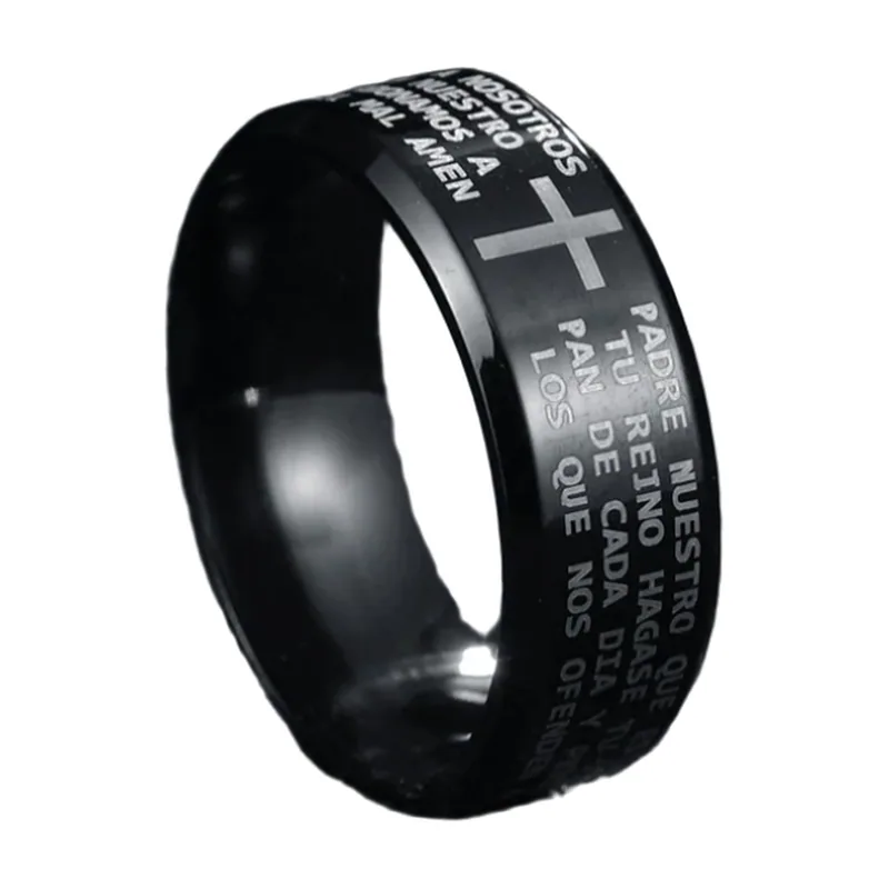 Black Cross Ring with Prayer Text, 316L Stainless Steel