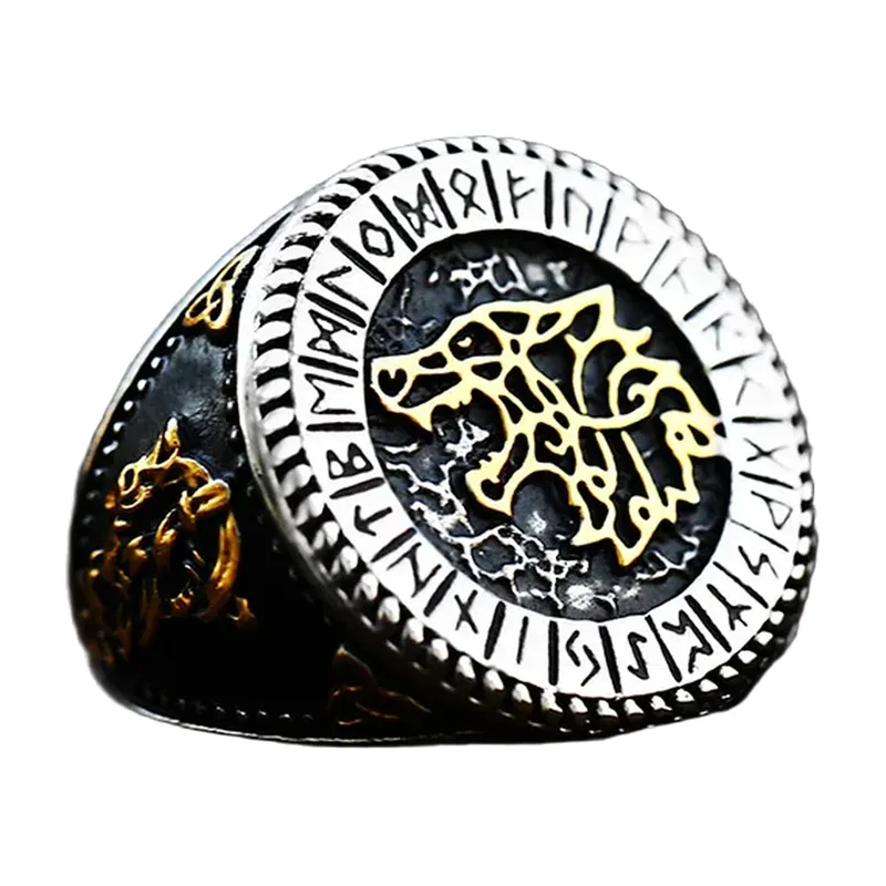 Viking Wolf Ring with Runes and Celtic Knots, Stainless Steel