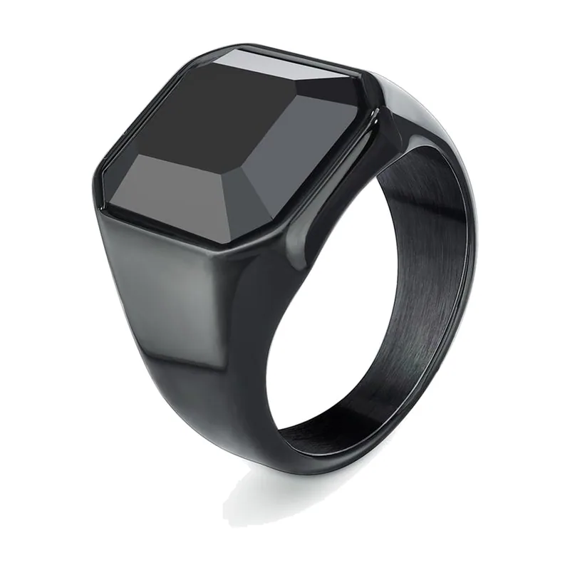 Chevalière Carrée avec Zircone Noire, Acier Inoxydable