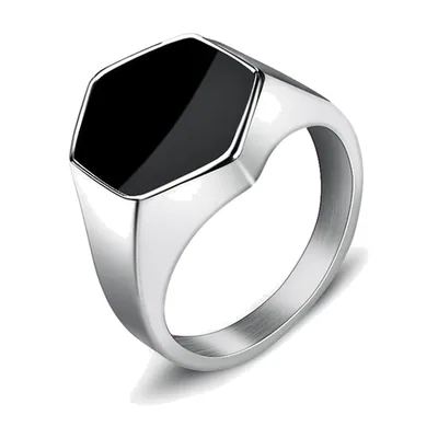 Herren Siegelring mit schwarzem Stein, Hexagon-Design, Edelstahl