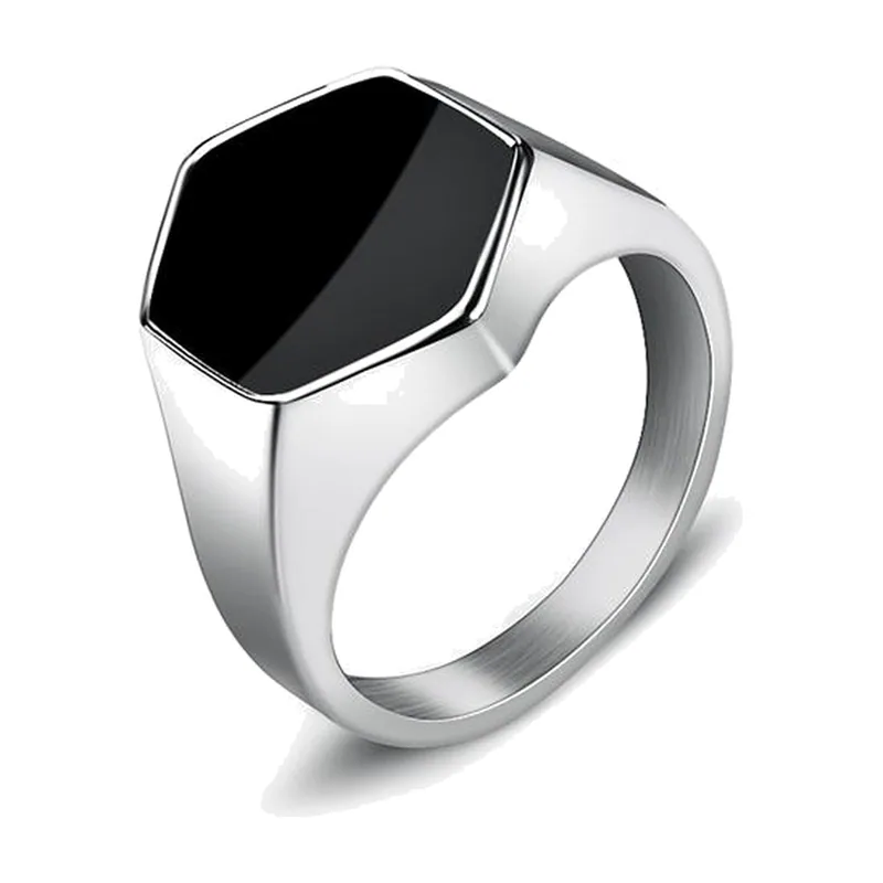 Anillo Sello Hexagonal con Piedra Negra, Acero Inoxidable