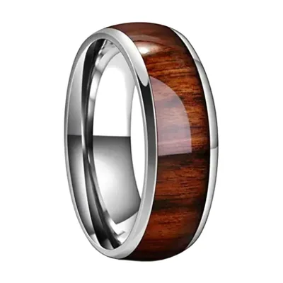 Anillo con Incrustación de Madera Marrón, Acero Inoxidable
