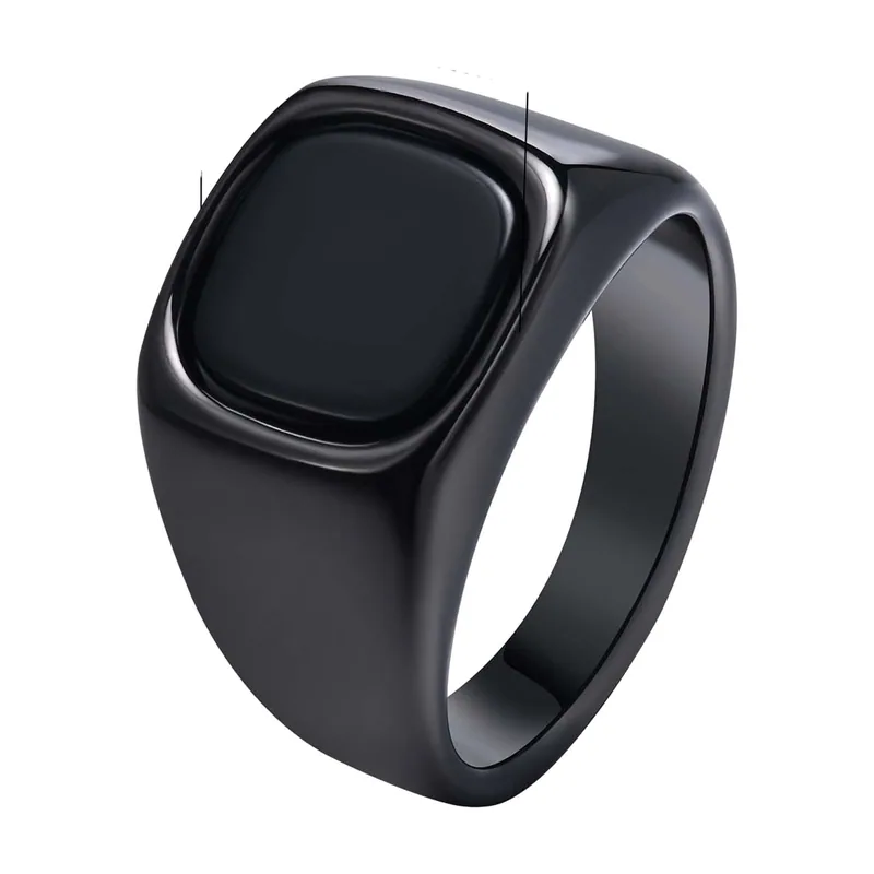Square Signet Ring with Black Stone, Stainless Steel