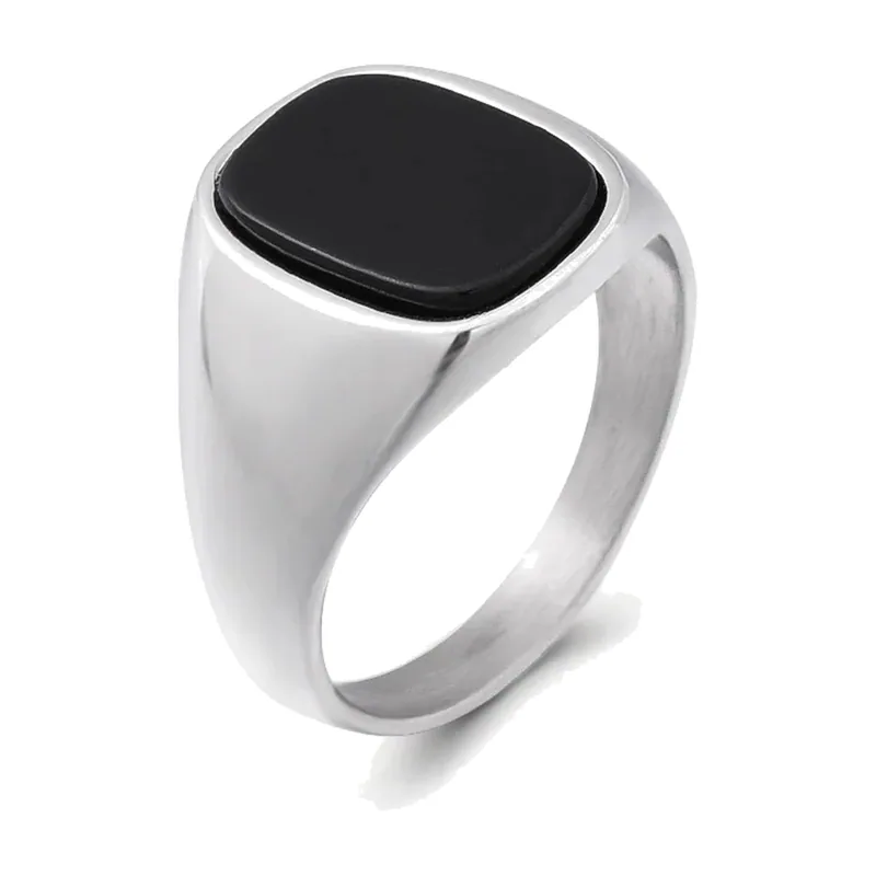 Square Signet Ring with Black Onyx, Stainless Steel