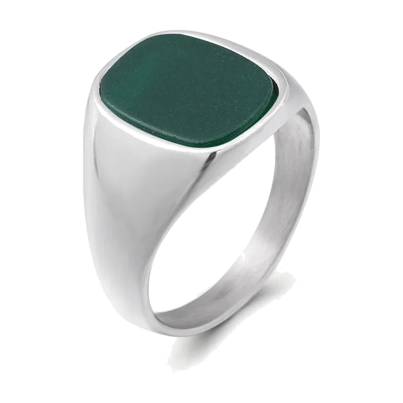 Chevalière Carrée avec Onyx Vert, Acier Inoxydable