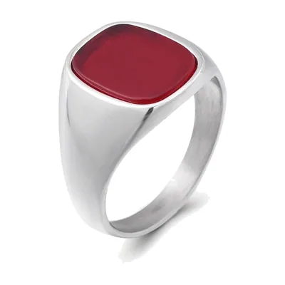 Anello Sigillo Quadrato con Pietra Onice Rossa, Acciaio Inossidabile
