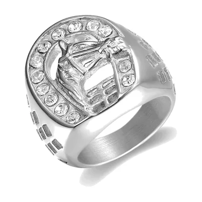 Herren Siegelring mit Pferdekopf und Zirkonia, Edelstahl
