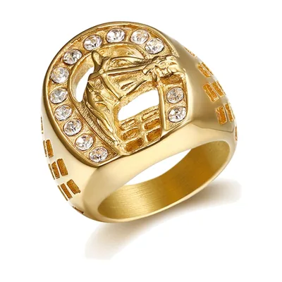 Herren Siegelring mit Pferdekopf und Zirkonia, Goldfarben Edelstahl