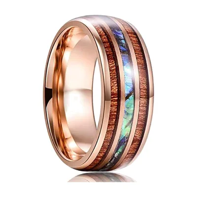 Bague avec Inlay Météorite et Effet Bois, Acier Inoxydable