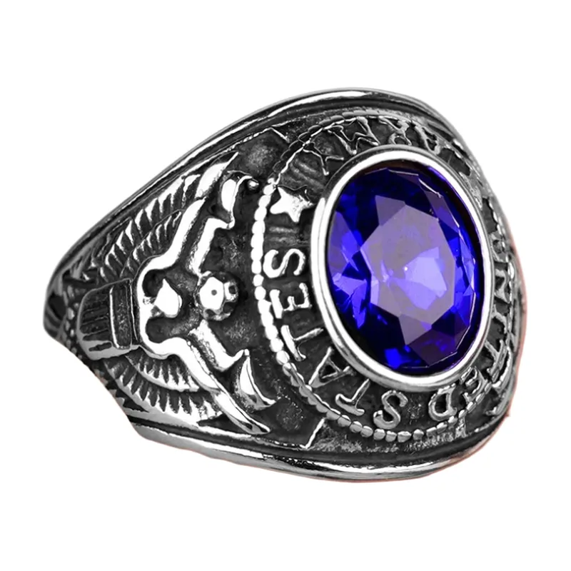 Anillo Sello Militar con Piedra Azul, Acero Inoxidable