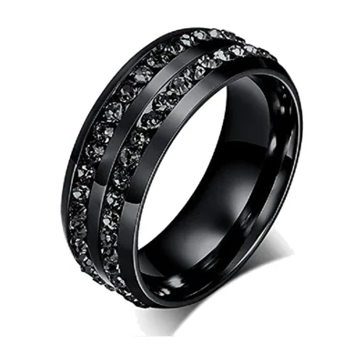 Anillo de tres filas con circonitas negras, acero inoxidable