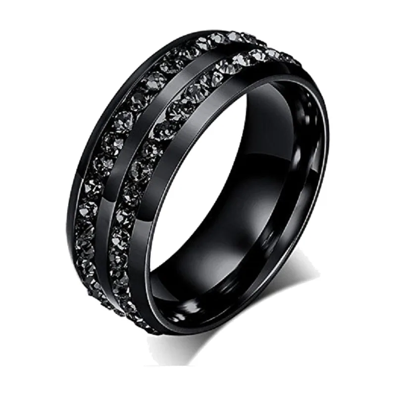 Bague à trois rangées de zircons noirs, acier inoxydable