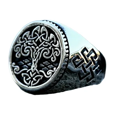 Yggdrasil Lebensbaum Siegelring mit Nordischen Knoten, Edelstahl
