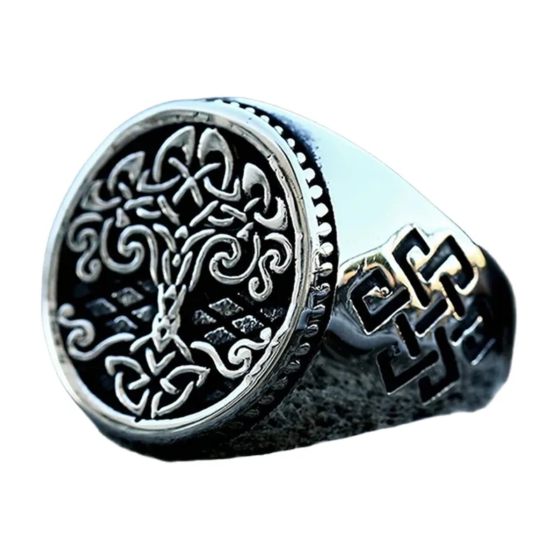 Anello Sigillo Yggdrasil Albero della Vita con Nodi Nordici, Acciaio Inox