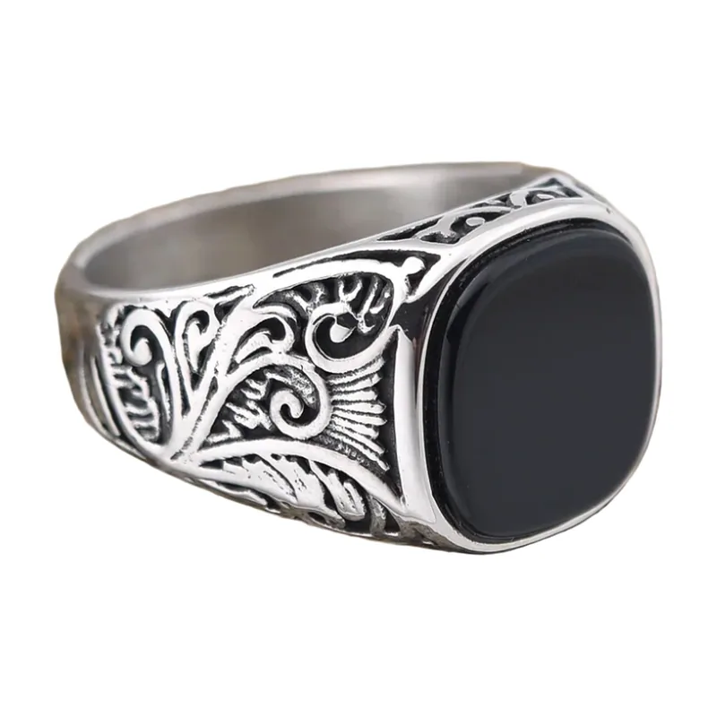 Oval Signet Ring with Black Stone and Scroll Engravings, Stainless Steel