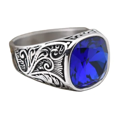 Herren Siegelring mit blauem Stein und floralen Ornamenten, Edelstahl