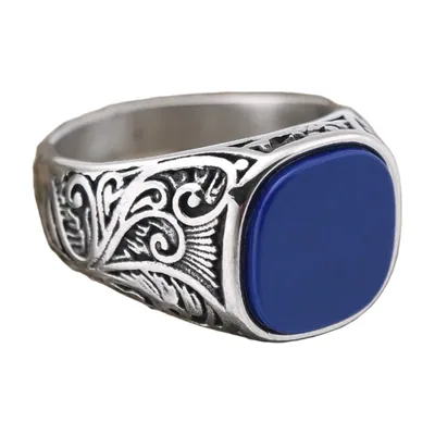 Anello Sigillo Rettangolare con Pietra Blu, Acciaio Inossidabile