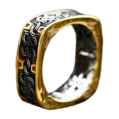 Square Signet Ring with Celtic Patterns, Stainless Steel