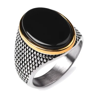 Anello Sigillo con Pietra Onyx Nera, Acciaio Inossidabile