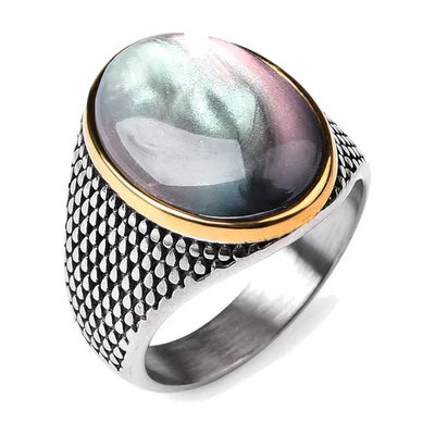 Anello Sigillo con pietra iridescente e motivo a scaglie, acciaio inossidabile