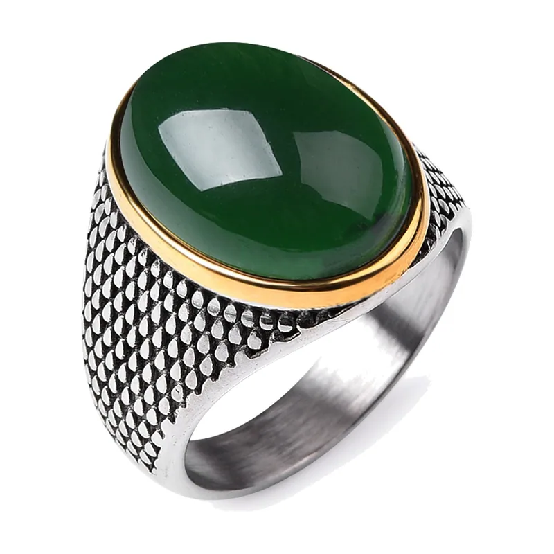 Anello Sigillo con Pietra Verde e Motivo a Squame, Acciaio Inossidabile