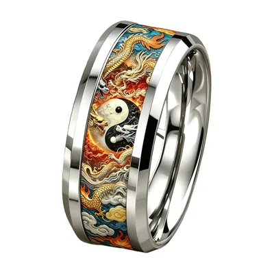 Drachen- und Yin-Yang-Ring aus 316L Edelstahl