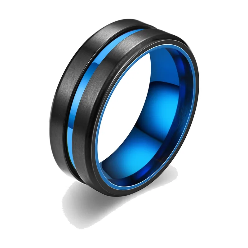 Bague avec rainure bleue et bords biseautés, Acier Inoxydable