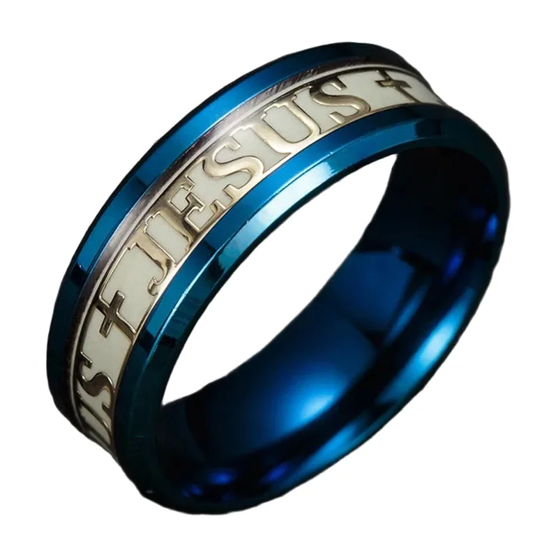 Anello Blu in Acciaio Inox con Croce e Iscrizione Gesù