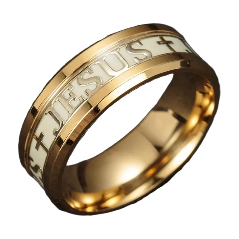 Religiöser Jesus und Kreuz Ring für Herren, Goldfarben, Edelstahl