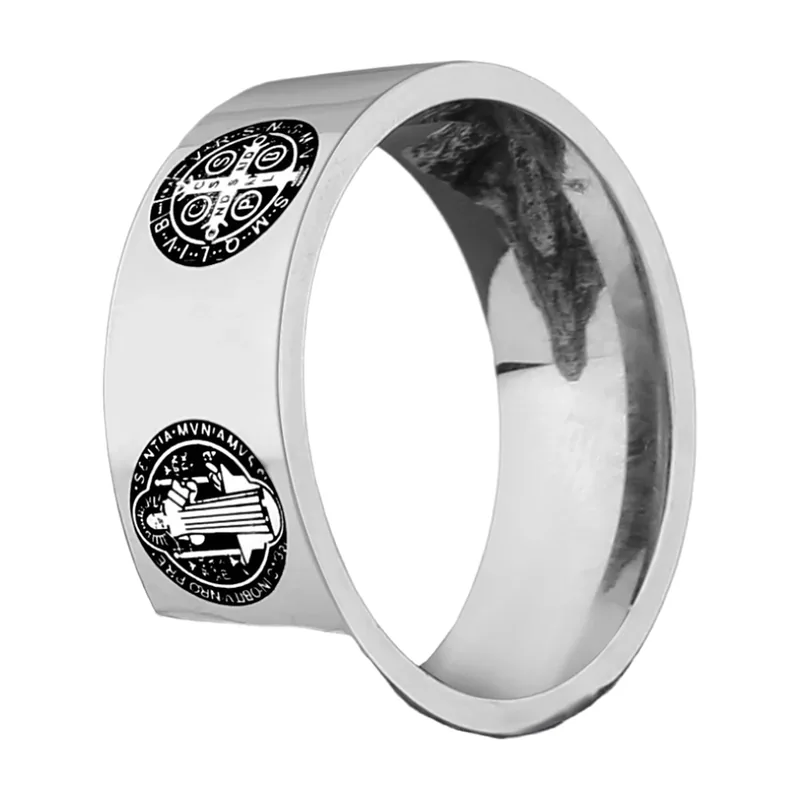 Heiliger Benedikt Medaillon-Ring mit religiösen Gravuren, Edelstahl