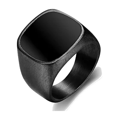 Square Signet Ring with Black Inlay, Stainless Steel