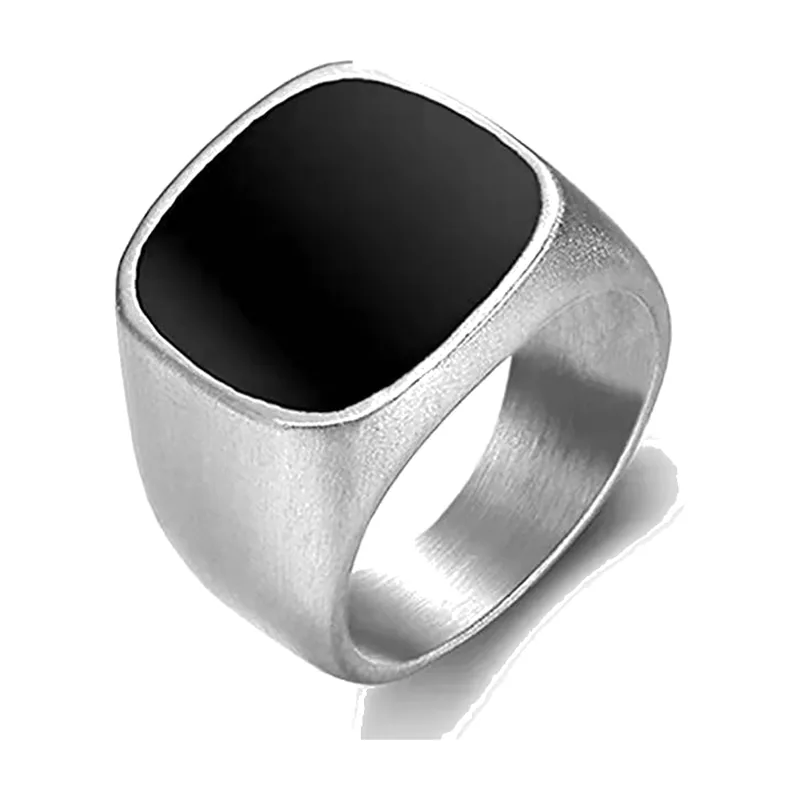 Chevalière Carrée avec Pierre Noire, Acier Inoxydable 316L