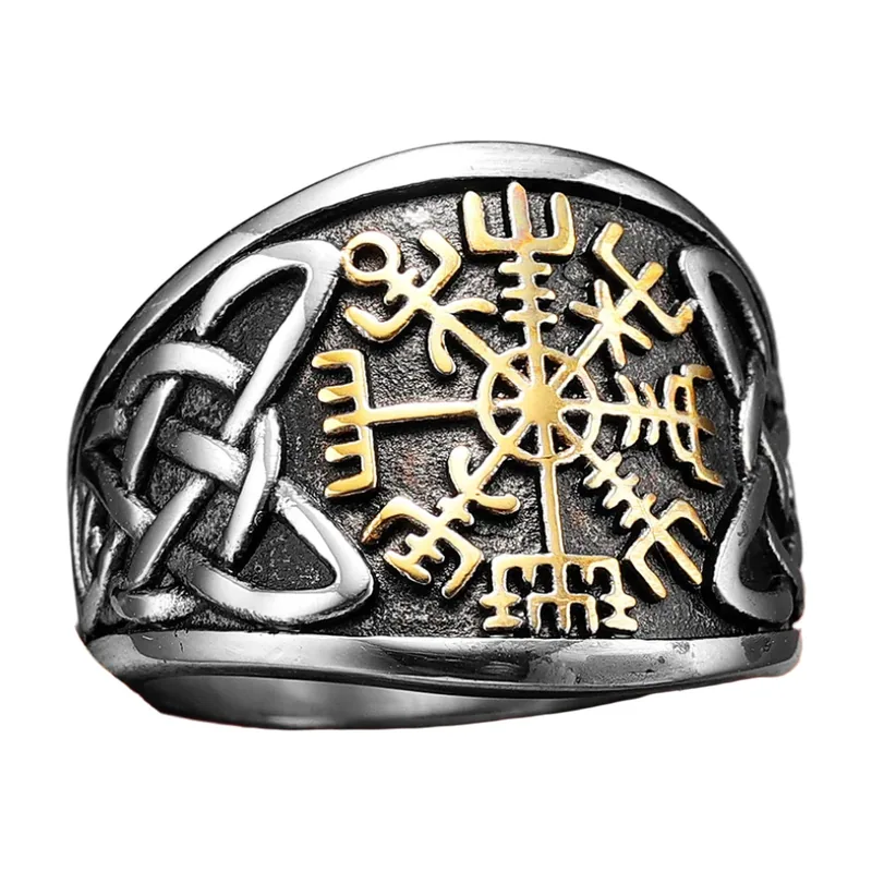 Vegvisir Norse Compass Ring with Celtic Knots, Stainless Steel