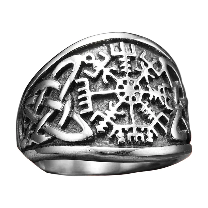 Anillo Vegvisir Brújula Vikinga con Nudo Celta, Acero Inoxidable