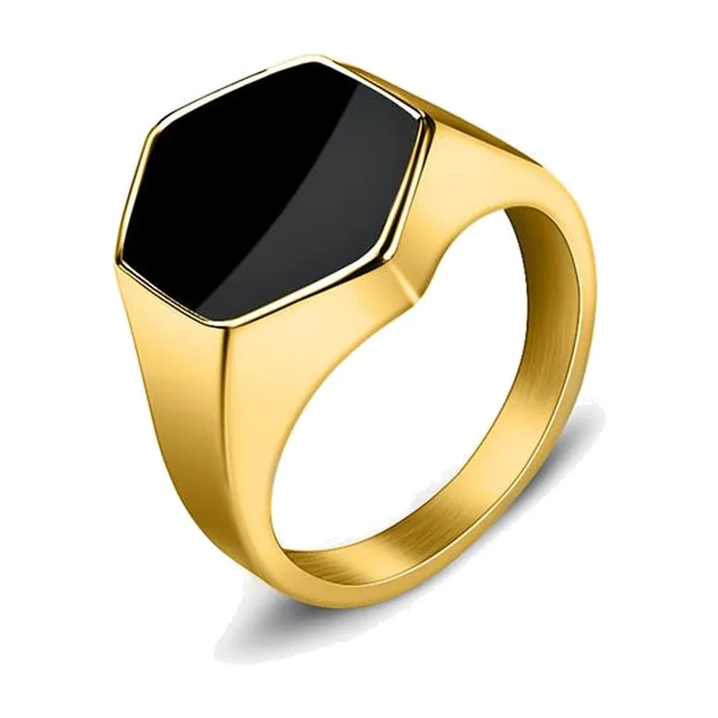 Chevalière Hexagonale avec Pierre Noire, Acier Inoxydable
