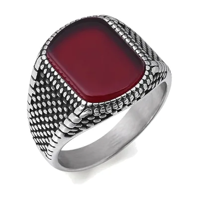 Anello Sigillo Quadrato con Onice Rosso, Acciaio Inossidabile