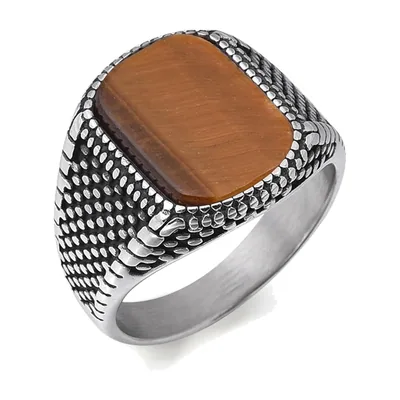 Anillo Sello Cuadrado con Ónix Marrón, Acero Inoxidable