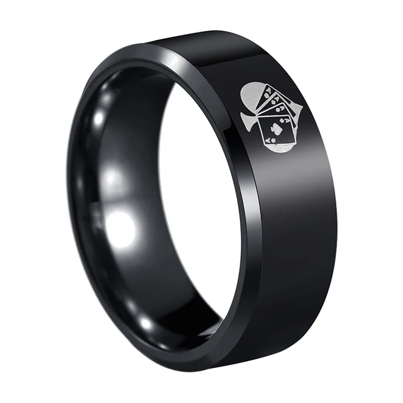 Herren Ring mit Spielkarten-Motiv, Schwarz, Edelstahl